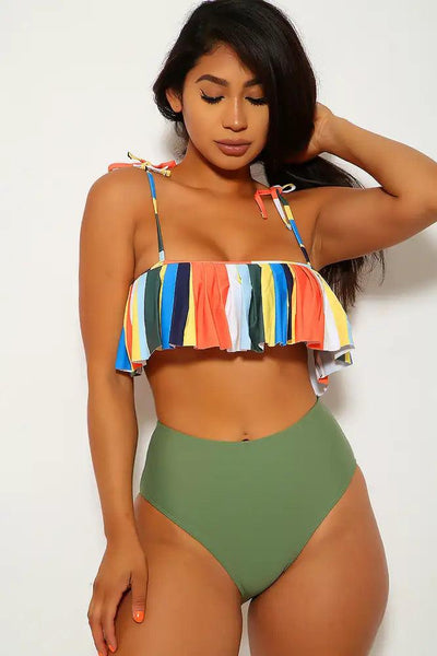 Orange Olive Striped Two Piece Swimsuit - AMIClubwear