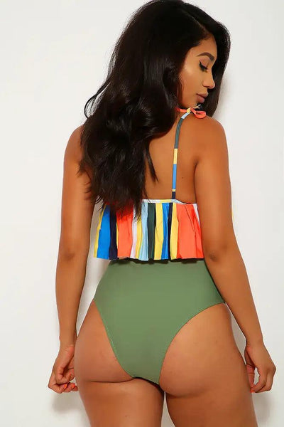 Orange Olive Striped Two Piece Swimsuit - AMIClubwear