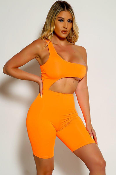 Orange One Shoulder Cut Out Romper - AMIClubwear