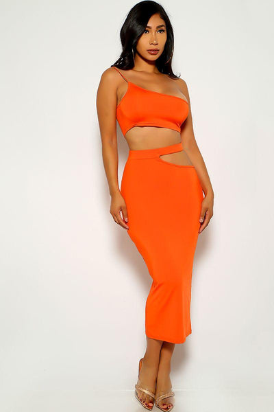 Orange One Shoulder Cut Out Two Piece Dress - AMIClubwear