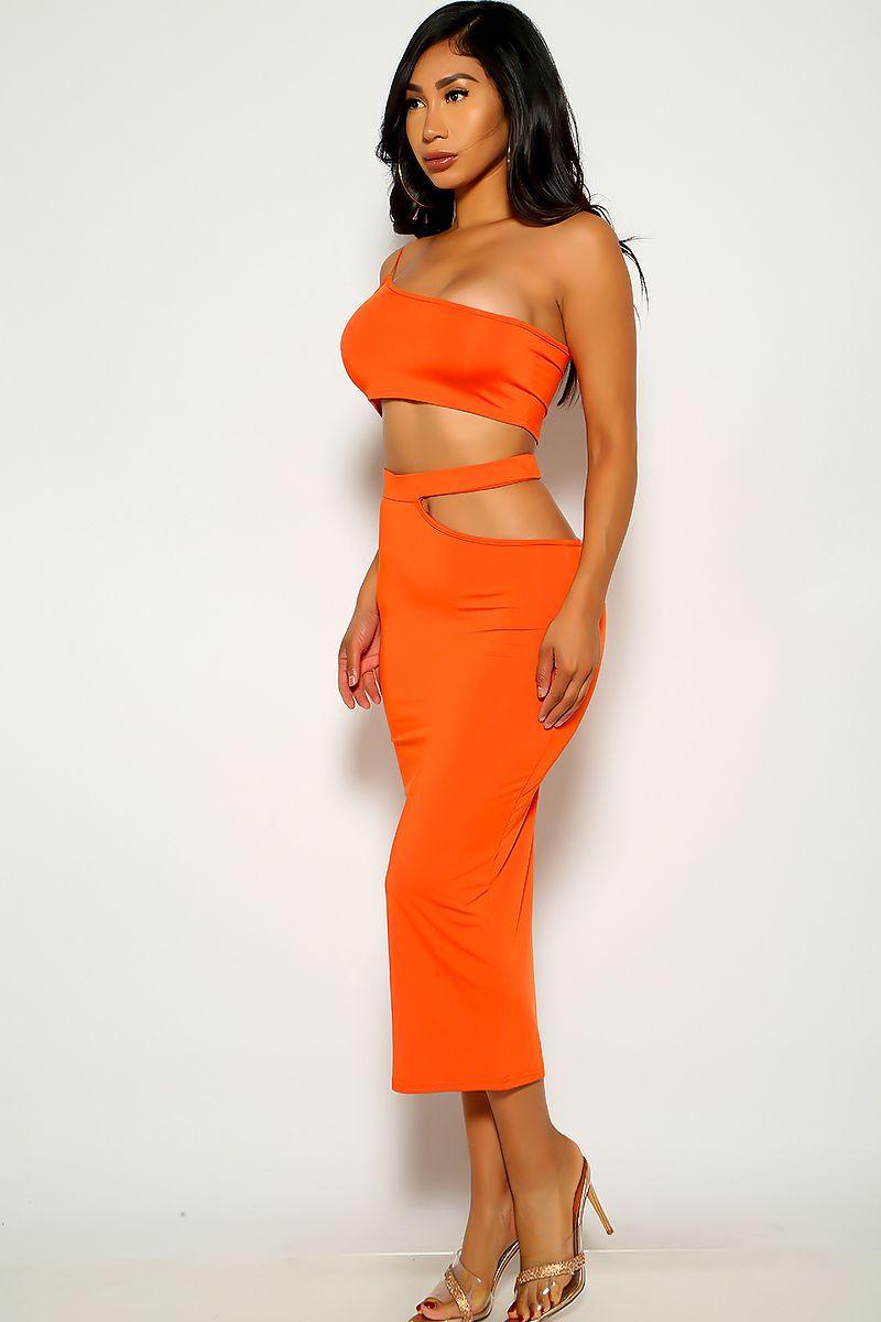 Orange One Shoulder Cut Out Two Piece Dress - AMIClubwear