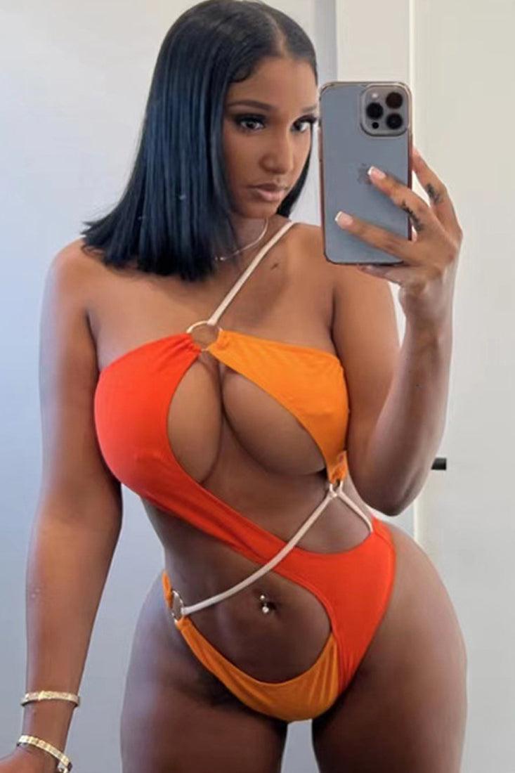 Orange One Shoulder Ring Linked Hollow Out Monokini - AMIClubwear