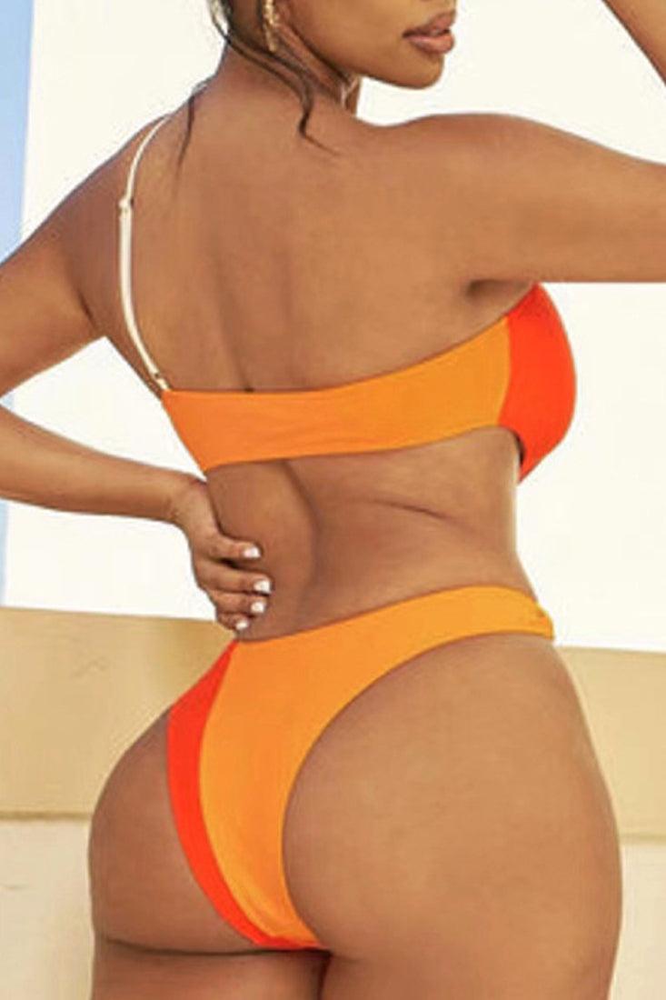 Orange One Shoulder Ring Linked Hollow Out Monokini - AMIClubwear