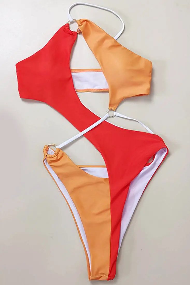 Orange One Shoulder Ring Linked Hollow Out Monokini