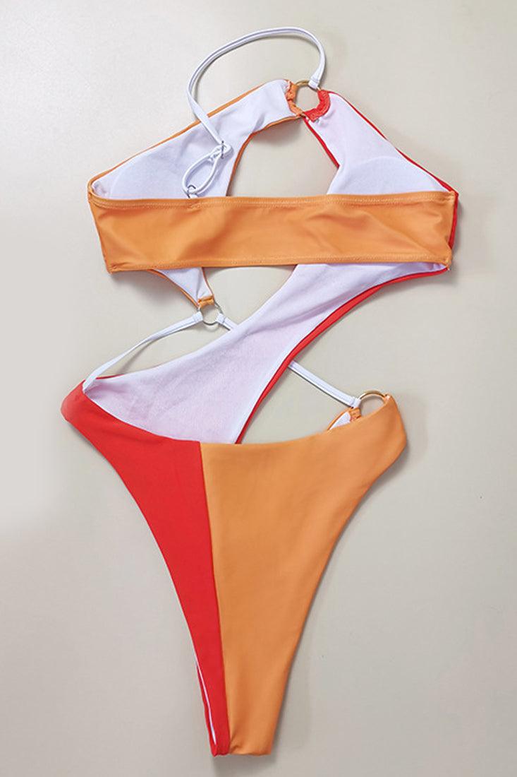 Orange One Shoulder Ring Linked Hollow Out Monokini - AMIClubwear