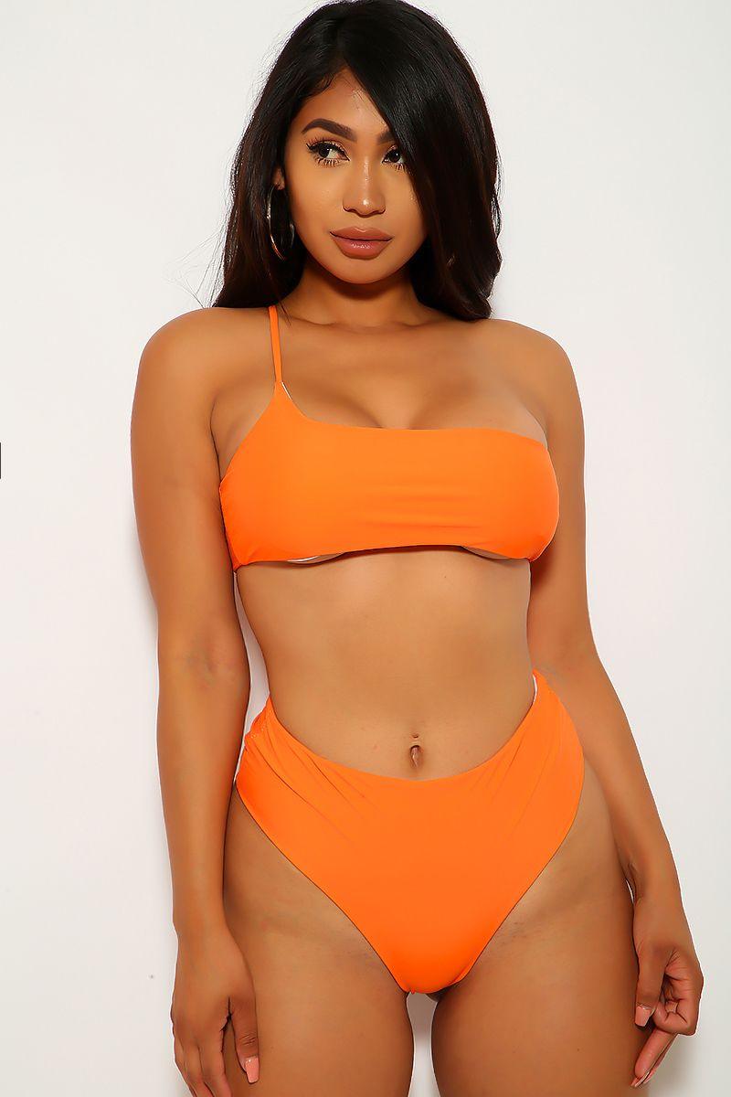 Orange One Shoulder Two Piece Swimsuit - AMIClubwear