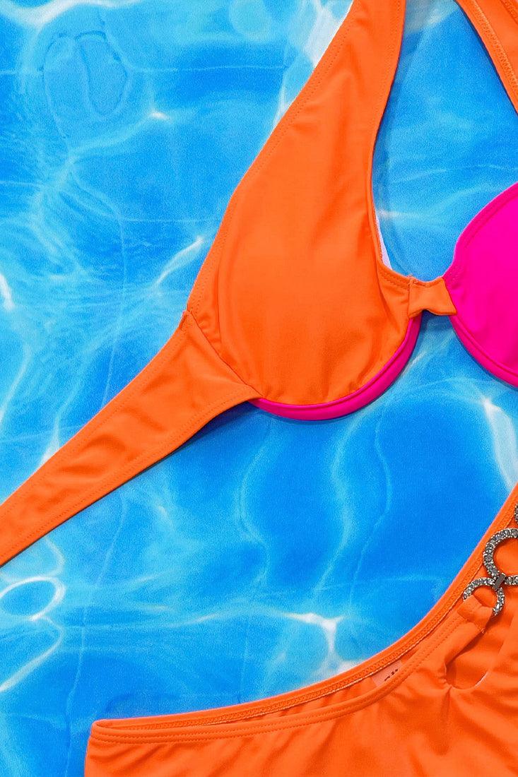 Orange Pink One Shoulder Rhinestone Ring 2 Pc Swimsuit - AMIClubwear
