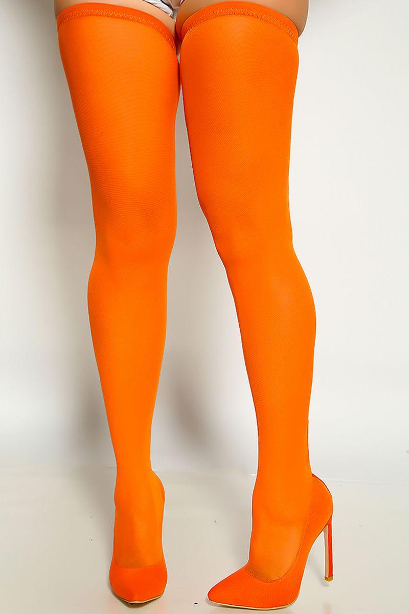 Orange Pointy Toe Mesh Sexy Single Sole Thigh High Heel Boots - AMIClubwear