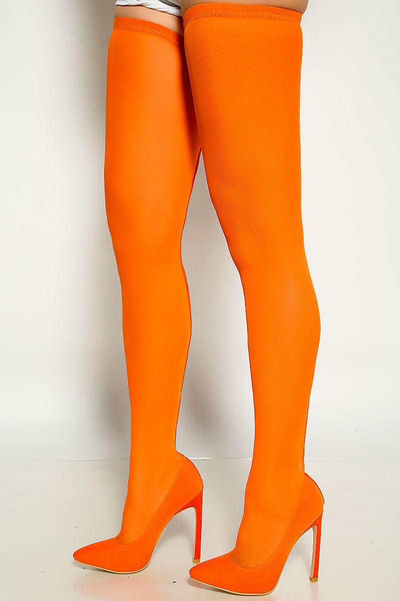 Orange Pointy Toe Mesh Sexy Single Sole Thigh High Heel Boots - AMIClubwear