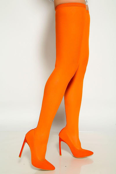 Orange Pointy Toe Mesh Sexy Single Sole Thigh High Heel Boots - AMIClubwear