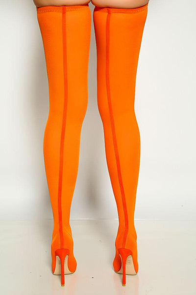 Orange Pointy Toe Mesh Sexy Single Sole Thigh High Heel Boots - AMIClubwear