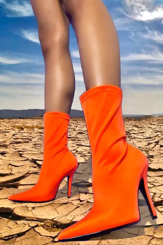 Orange Pointy Toe Mid Calf Heel Booties - AMIClubwear