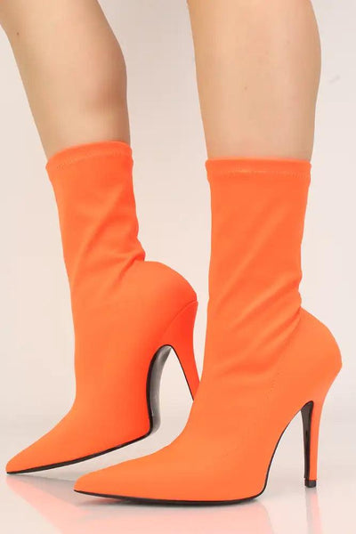 Orange Pointy Toe Mid Calf Heel Booties - AMIClubwear