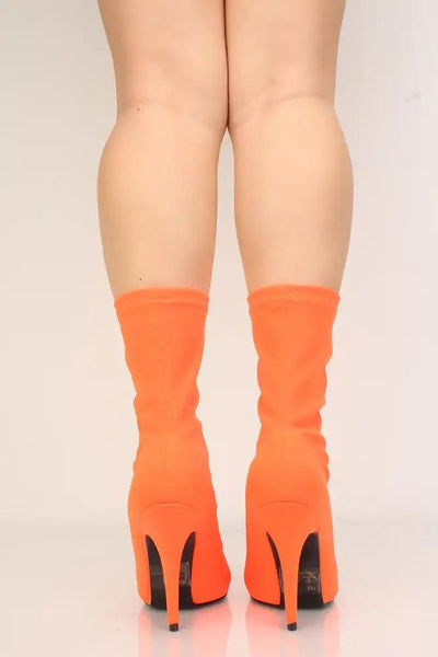 Orange Pointy Toe Mid Calf Heel Booties - AMIClubwear