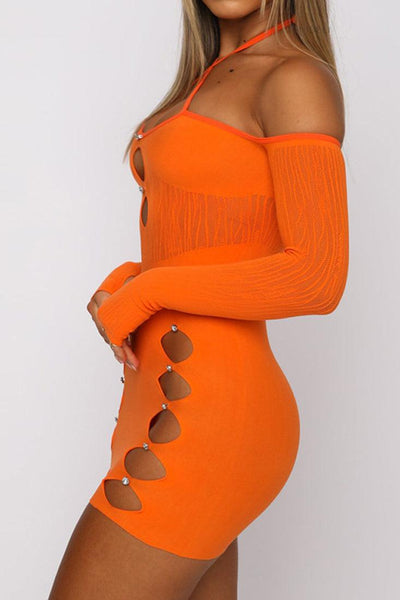 Orange Rhinestone Cut Out Mini Club Dress - AMIClubwear