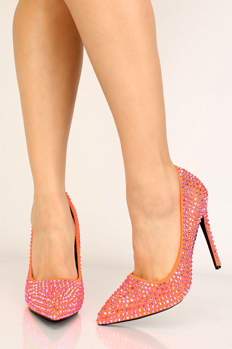 Orange Rhinestones Pointy Toe Pumps - AMIClubwear