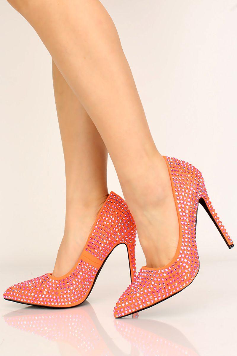 Orange Rhinestones Pointy Toe Pumps - AMIClubwear