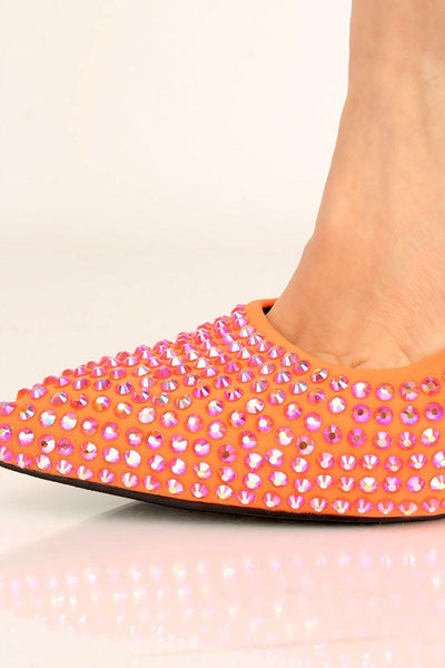 Orange Rhinestones Pointy Toe Pumps - AMIClubwear