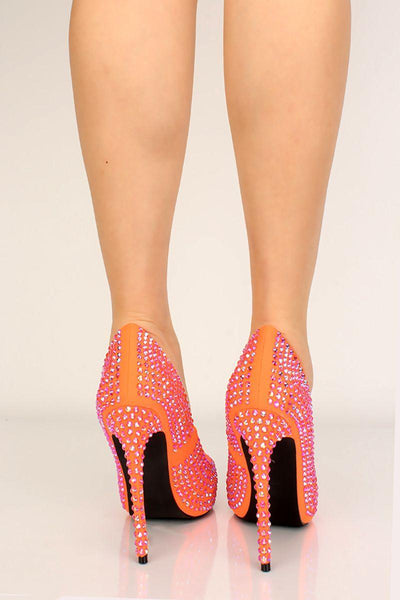 Orange Rhinestones Pointy Toe Pumps - AMIClubwear