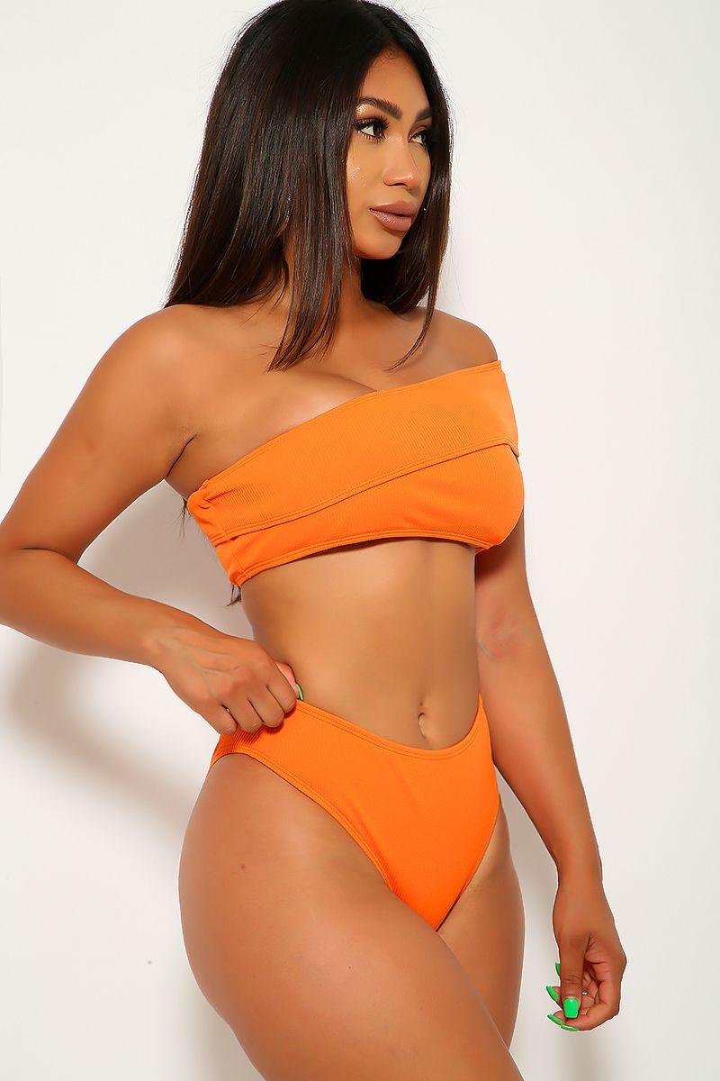 Orange Ribbed Bandeau High Waist Two Piece Swimsuit - AMIClubwear