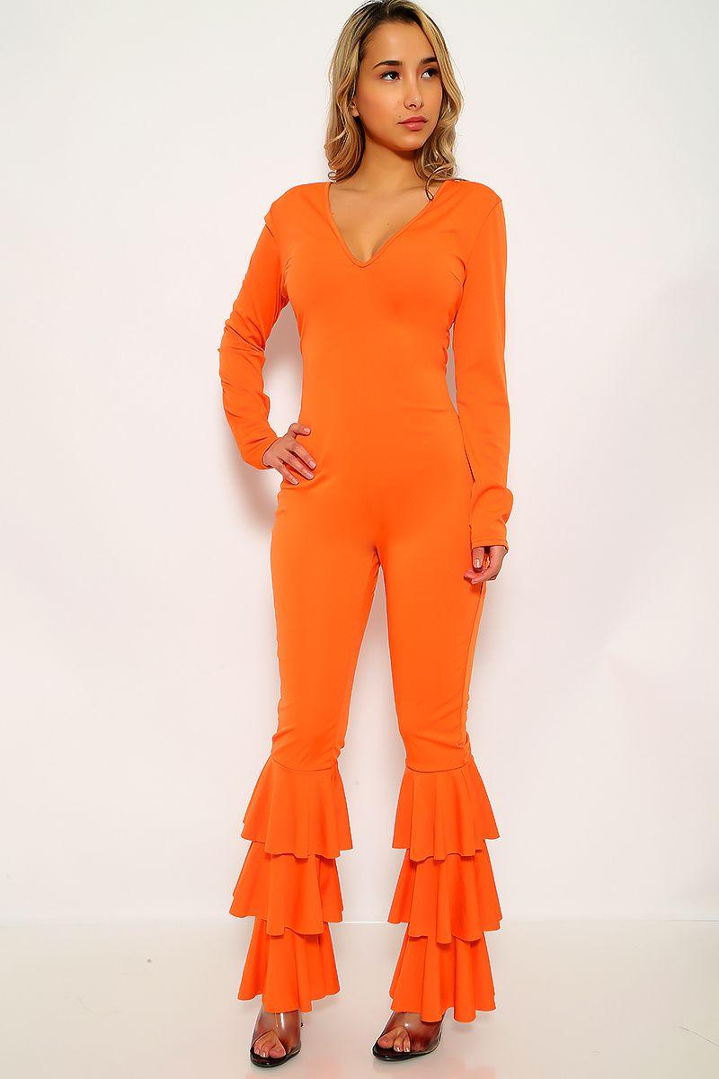 Orange Ruffled Long Sleeve Jumpsuit - AMIClubwear