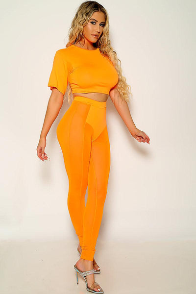 Orange Short Sleeve Mesh Two Piece Outfit - AMIClubwear