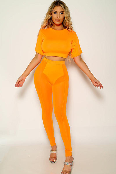 Orange Short Sleeve Mesh Two Piece Outfit - AMIClubwear