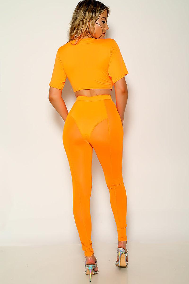 Orange Short Sleeve Mesh Two Piece Outfit - AMIClubwear