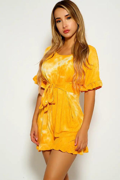 Orange Short Sleeve Tie Dye Ruffled Casual Romper - AMIClubwear