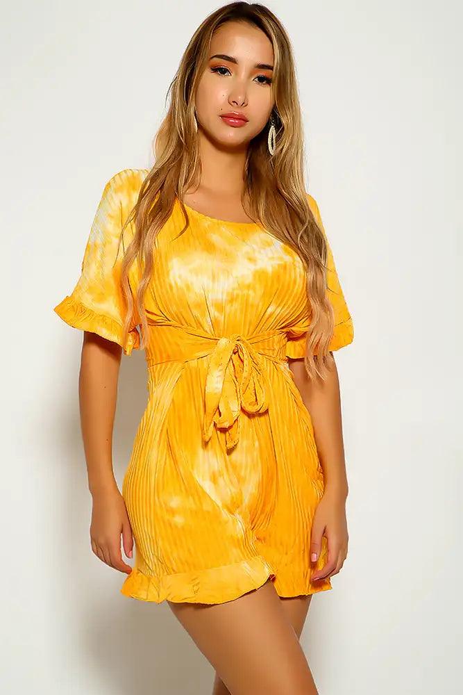 Orange Short Sleeve Tie Dye Ruffled Casual Romper - AMIClubwear