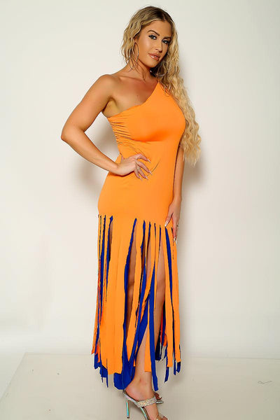 Orange Sleeveless Fringe Accent Maxi Party Dress - AMIClubwear
