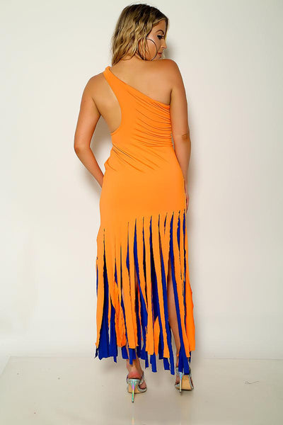 Orange Sleeveless Fringe Accent Maxi Party Dress - AMIClubwear