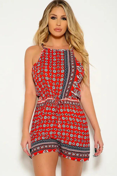 Orange Sleeveless Graphic Print Two Tone Romper - AMIClubwear