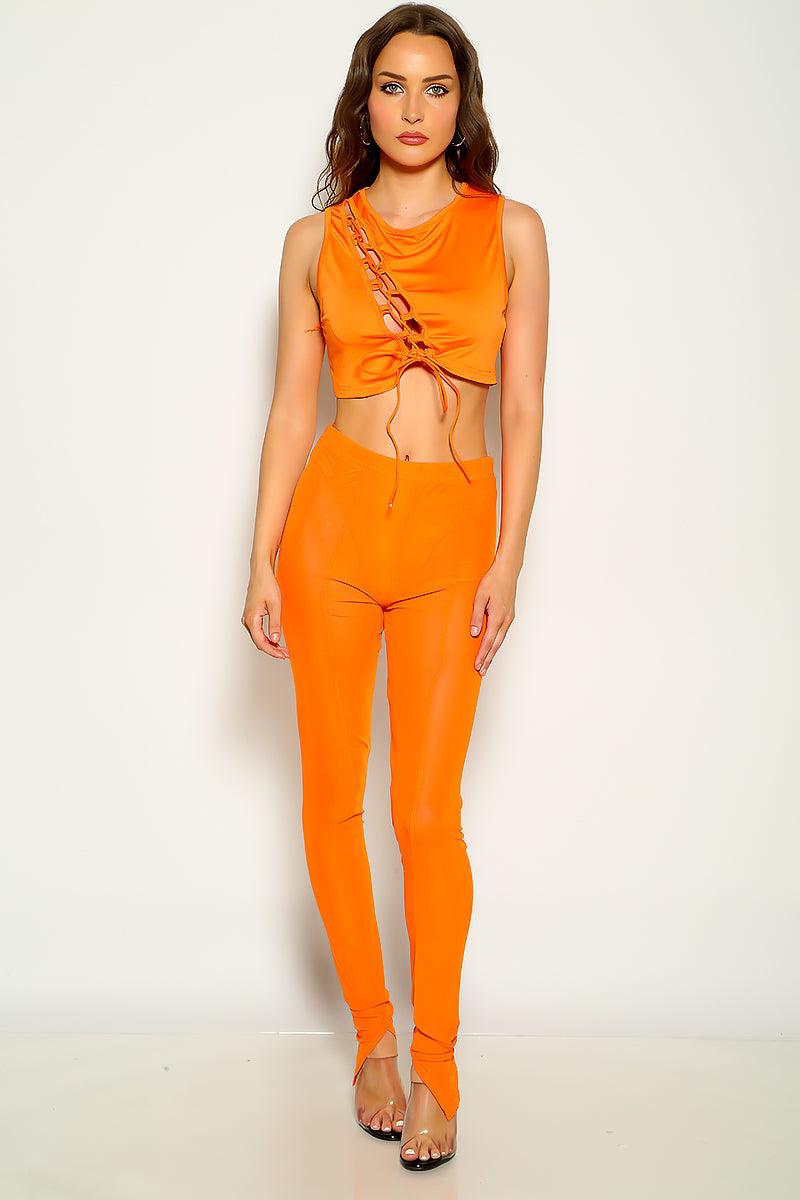Orange Sleeveless Lace Up Sexy Two Piece Outfit - AMIClubwear