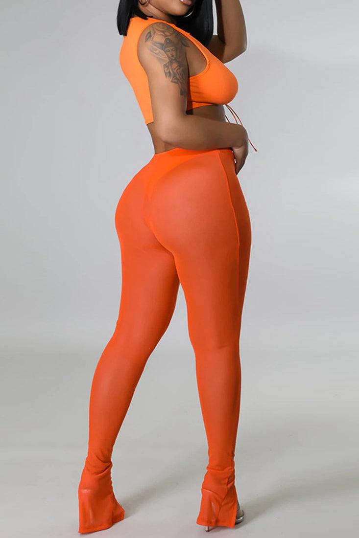 Orange Sleeveless Lace Up Sexy Two Piece Outfit - AMIClubwear