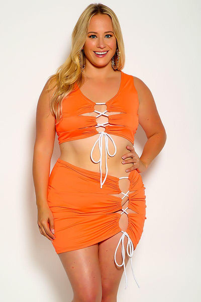 Orange Sleeveless Lace up Two Piece Dress - AMIClubwear