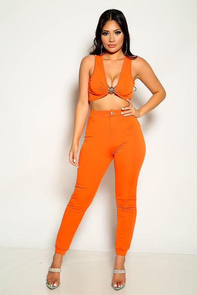 Orange Sleeveless Metal Detail Two Piece Outfit - AMIClubwear