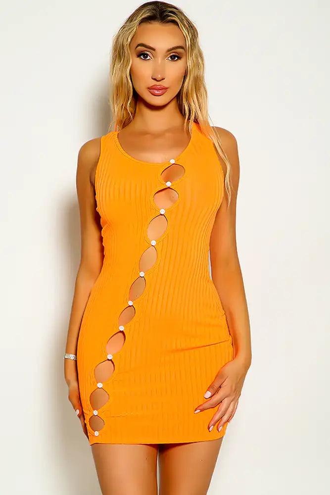 Orange Sleeveless Ribbed Button Up Dress - AMIClubwear