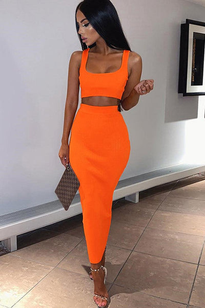 Orange Sleeveless Ribbed Maxi Two Piece Party Dress - AMIClubwear