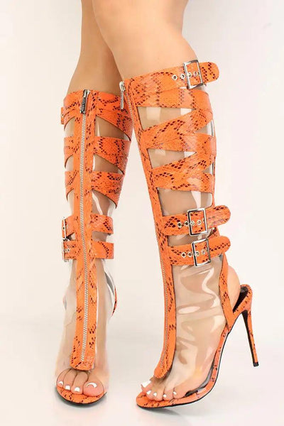 Orange Snake Print Clear Strappy Buckle High Heel Boots - AMIClubwear