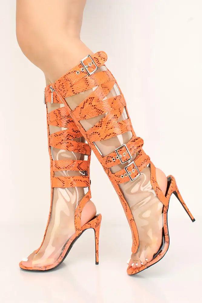 Orange Snake Print Clear Strappy Buckle High Heel Boots - AMIClubwear