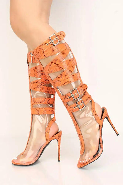 Orange Snake Print Clear Strappy Buckle High Heel Boots - AMIClubwear