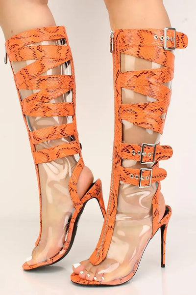 Orange Snake Print Clear Strappy Buckle High Heel Boots - AMIClubwear