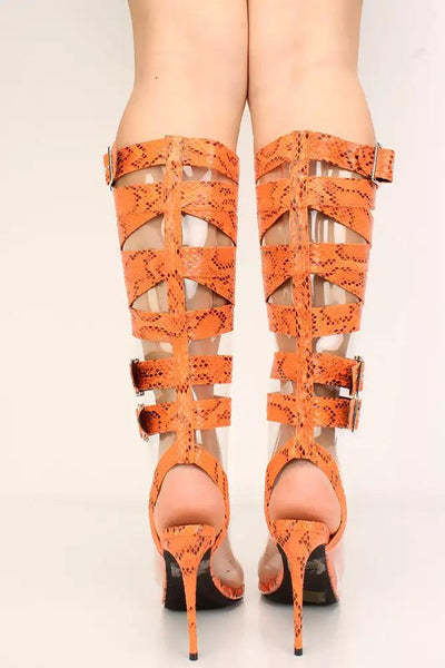 Orange Snake Print Clear Strappy Buckle High Heel Boots - AMIClubwear