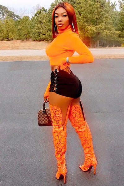 Orange Snake Print Peep Toe Thigh High Boots - AMIClubwear