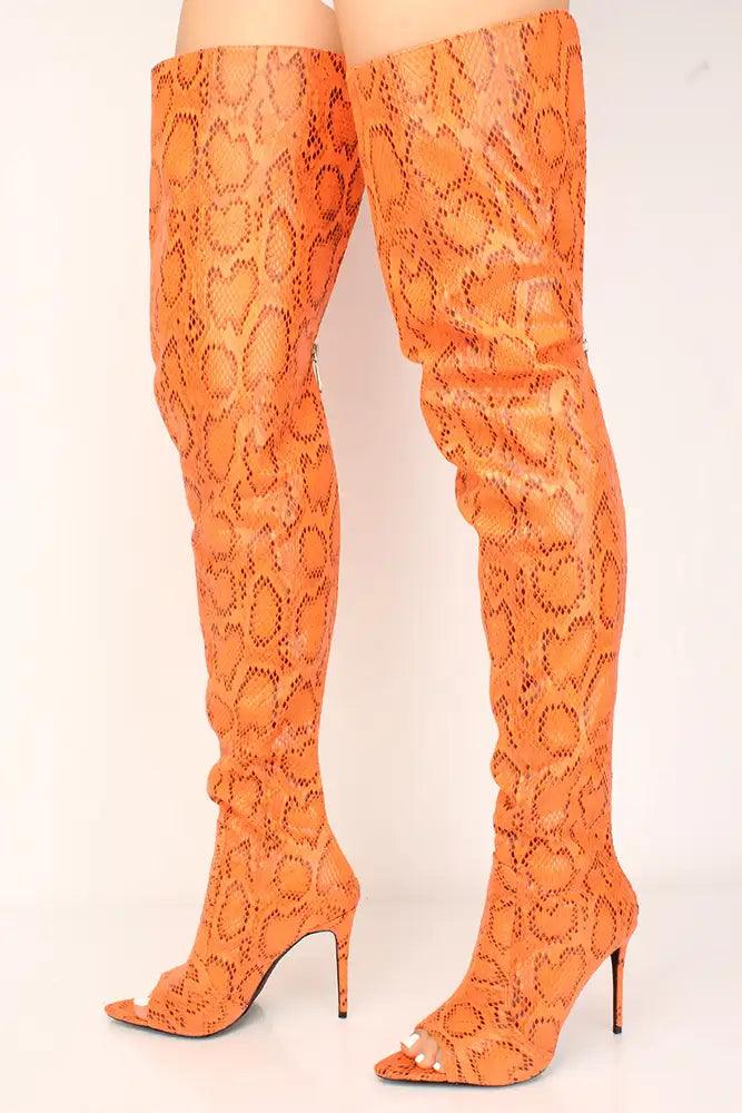 Orange Snake Print Peep Toe Thigh High Boots - AMIClubwear