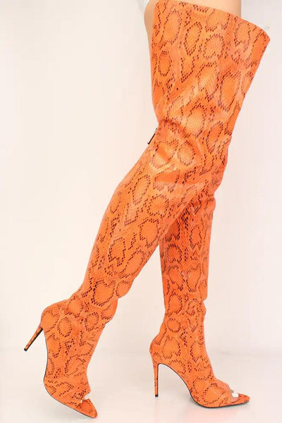 Orange Snake Print Peep Toe Thigh High Boots - AMIClubwear