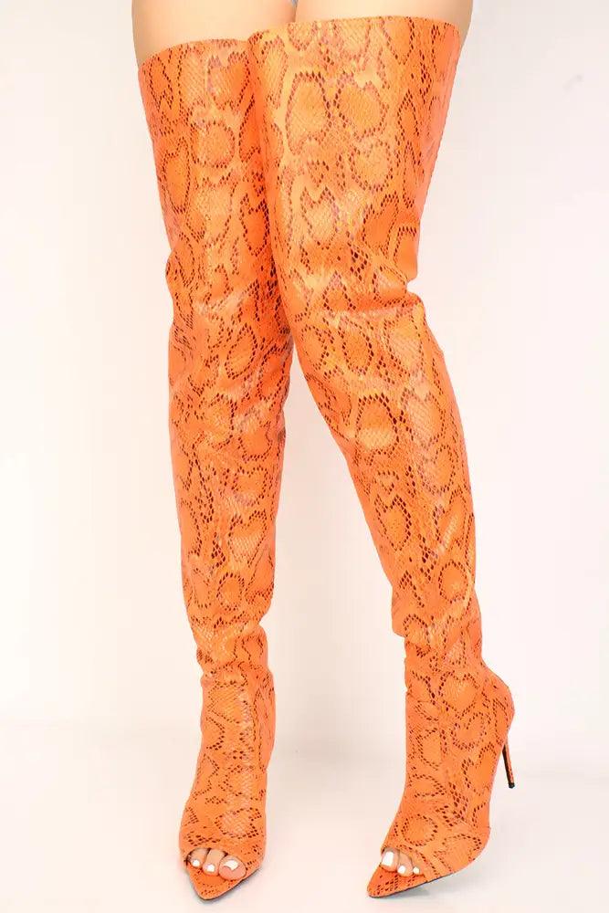 Orange Snake Print Peep Toe Thigh High Boots - AMIClubwear