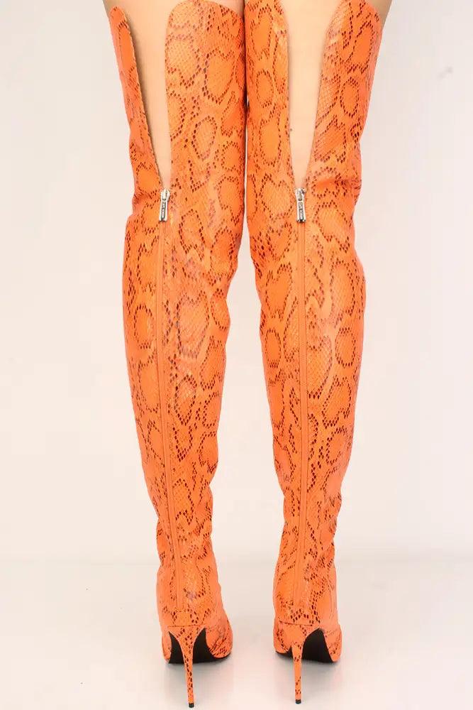 Orange Snake Print Peep Toe Thigh High Boots - AMIClubwear