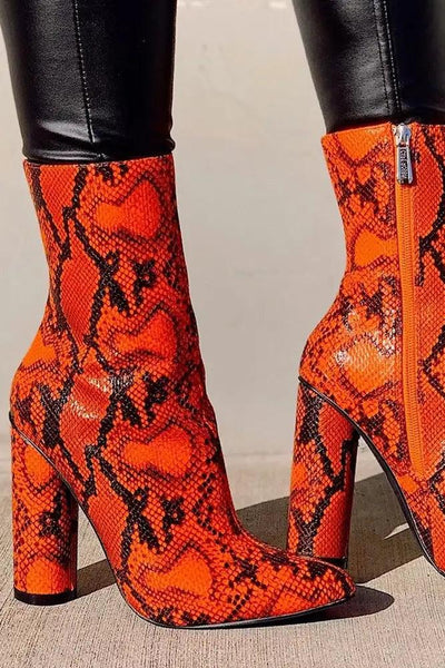 Orange Snake Print Pointy Toe Chunky Heel Booties - AMIClubwear